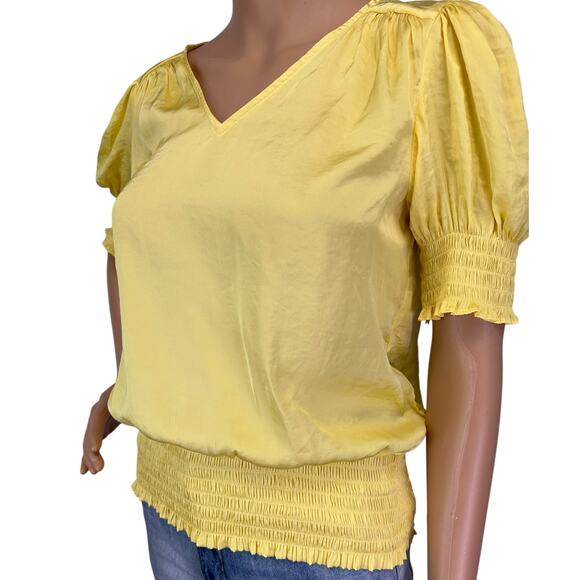 2/$15 Philosophy Satin Smocked Blouse Yellow V-Neck Short Sleeve Size S - Picture 7 of 11